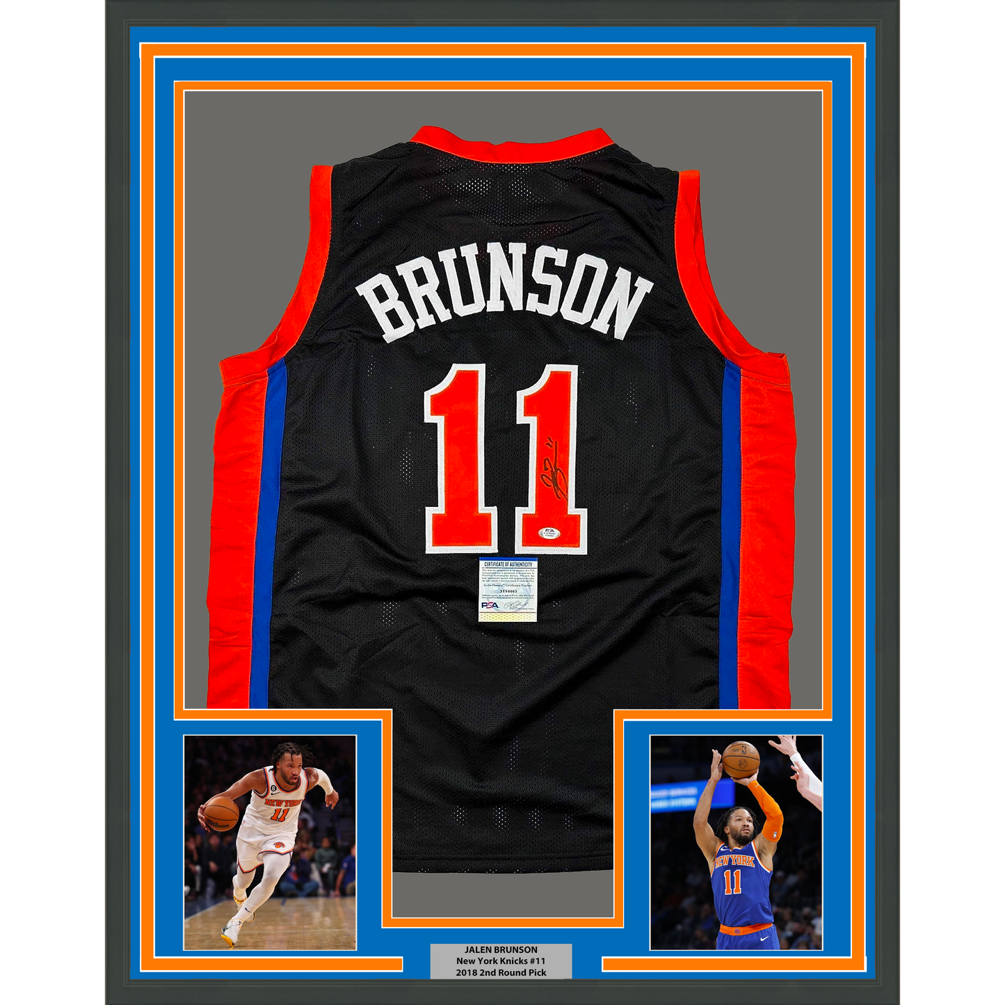 Framed Autographed/Signed Jalen Brunson 35x39 New York Black Basketball Jersey PSA/DNA COA
