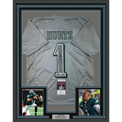 Framed Autographed/Signed Jalen Hurts 35x39 Philadelphia Silver Football Jersey JSA COA