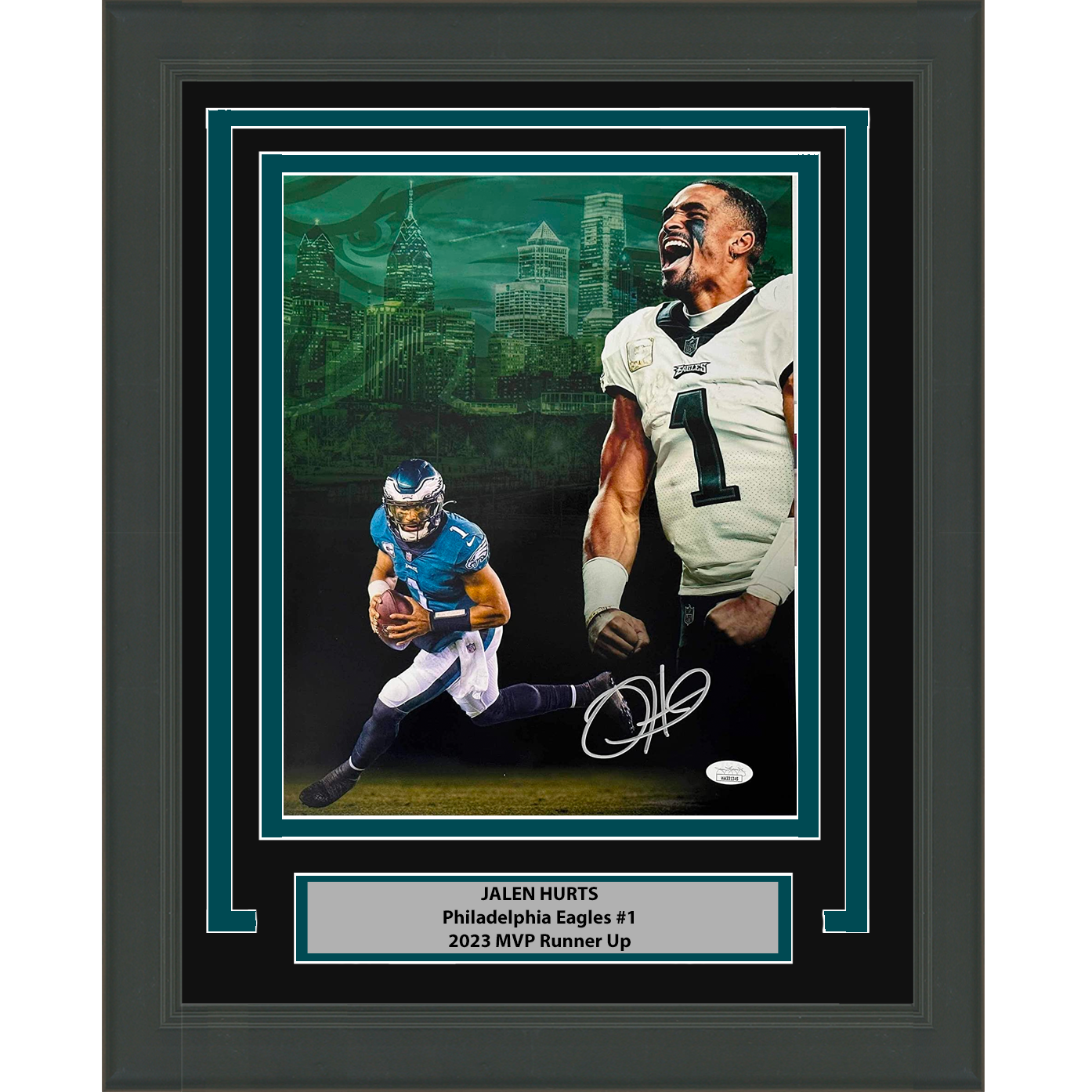 Framed Autographed/Signed Jalen Hurts Philadelphia Eagles 11x14 Football Photo JSA COA #3