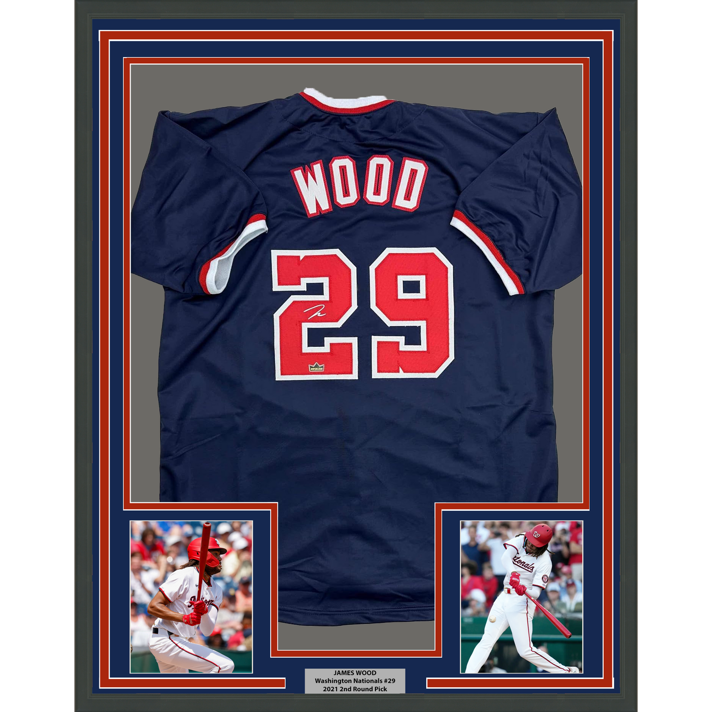 Framed Facsimile Autographed James Wood 35x39 Washington Blue Reprint Laser Auto Baseball Jersey