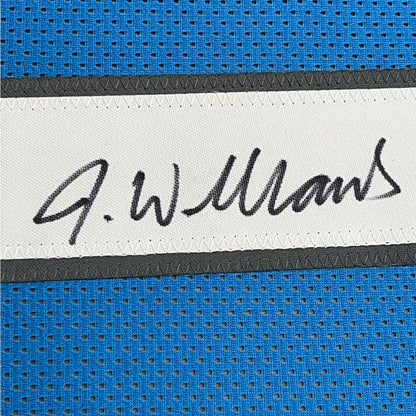 Framed Autographed/Signed Jameson Williams 35x39 Detroit Blue Football Jersey JSA COA