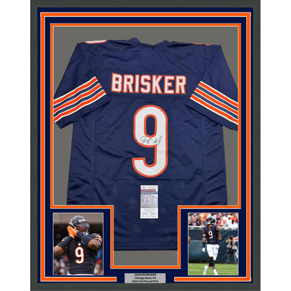 Framed Autographed/Signed Jaquan Brisker 35x39 Chicago Blue Football Jersey JSA COA