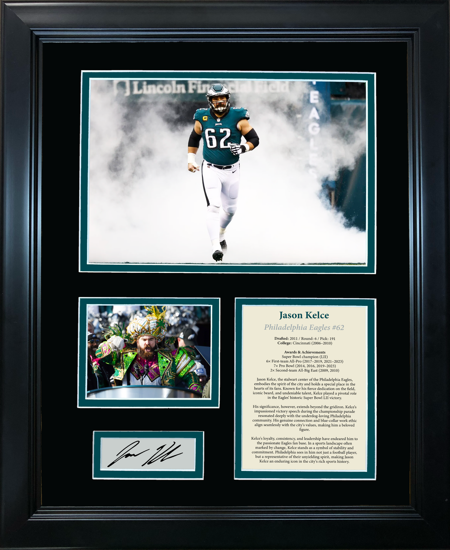 Framed Jason Kelce Philadelphia Eagles Facsimile Laser Engraved Signature Auto Football 11"x14" Photo Sig Collage