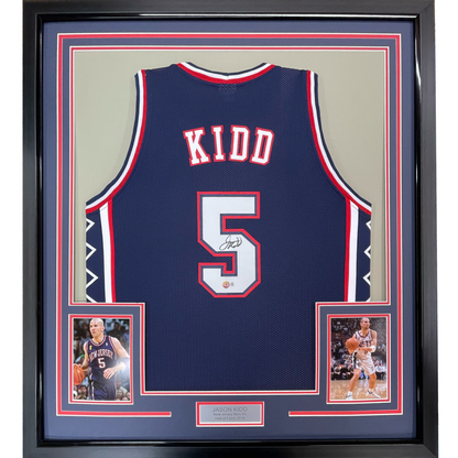 Framed Autographed/Signed Jason Kidd 35x39 New Jersey NJ Blue Basketball Jersey Beckett BAS COA