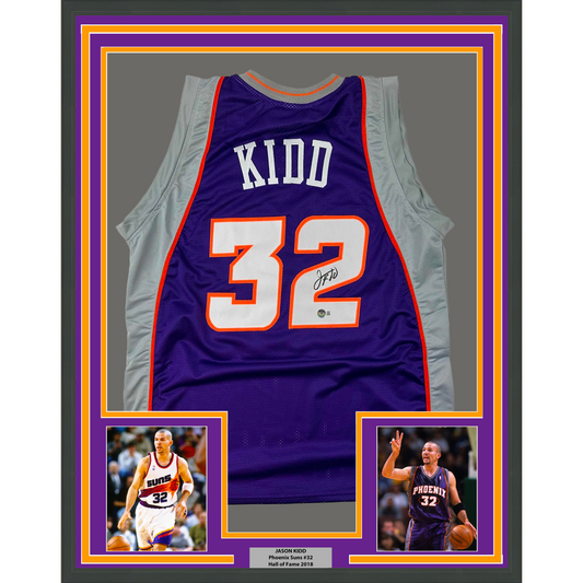 Framed Autographed/Signed Jason Kidd 35x39 Phoenix Purple Basketball Jersey Beckett BAS COA
