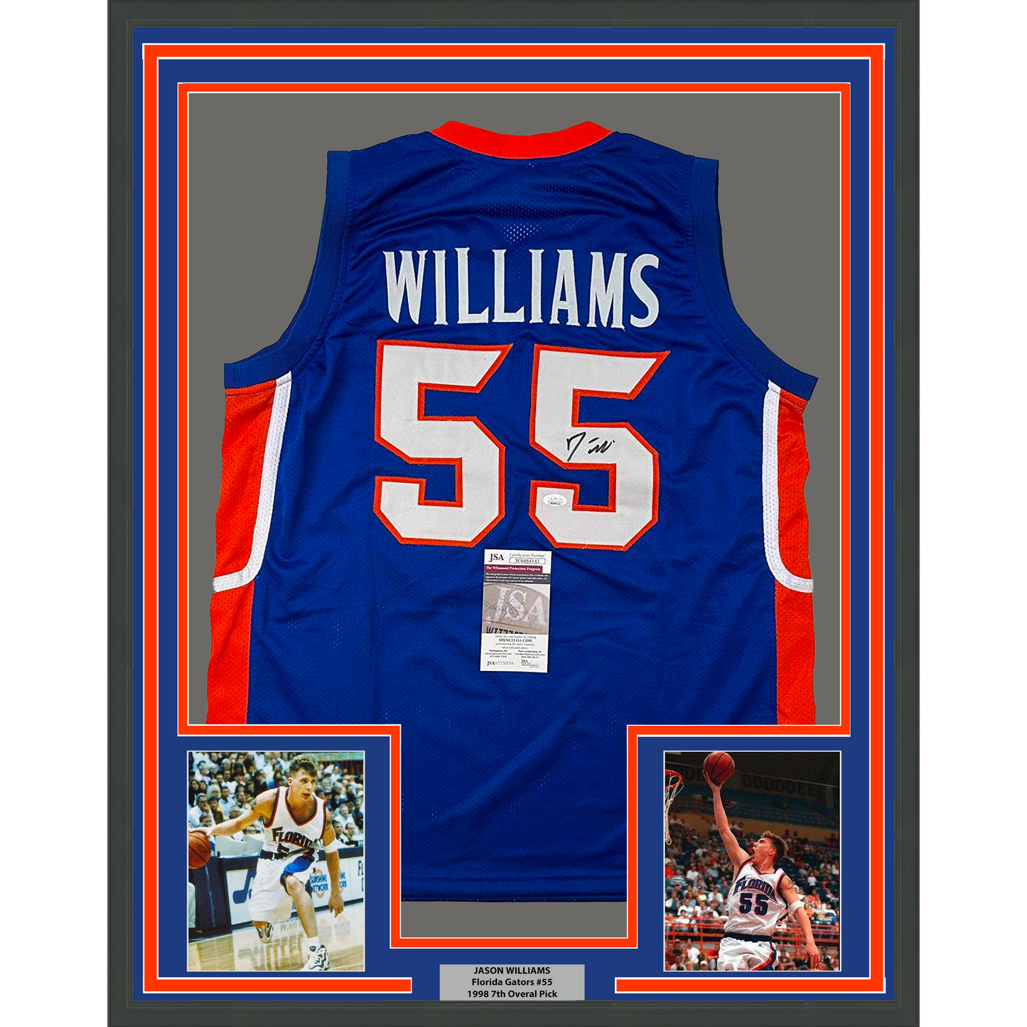 Framed Autographed/Signed Jason Williams 35x39 Florida Blue College Basketball Jersey JSA COA