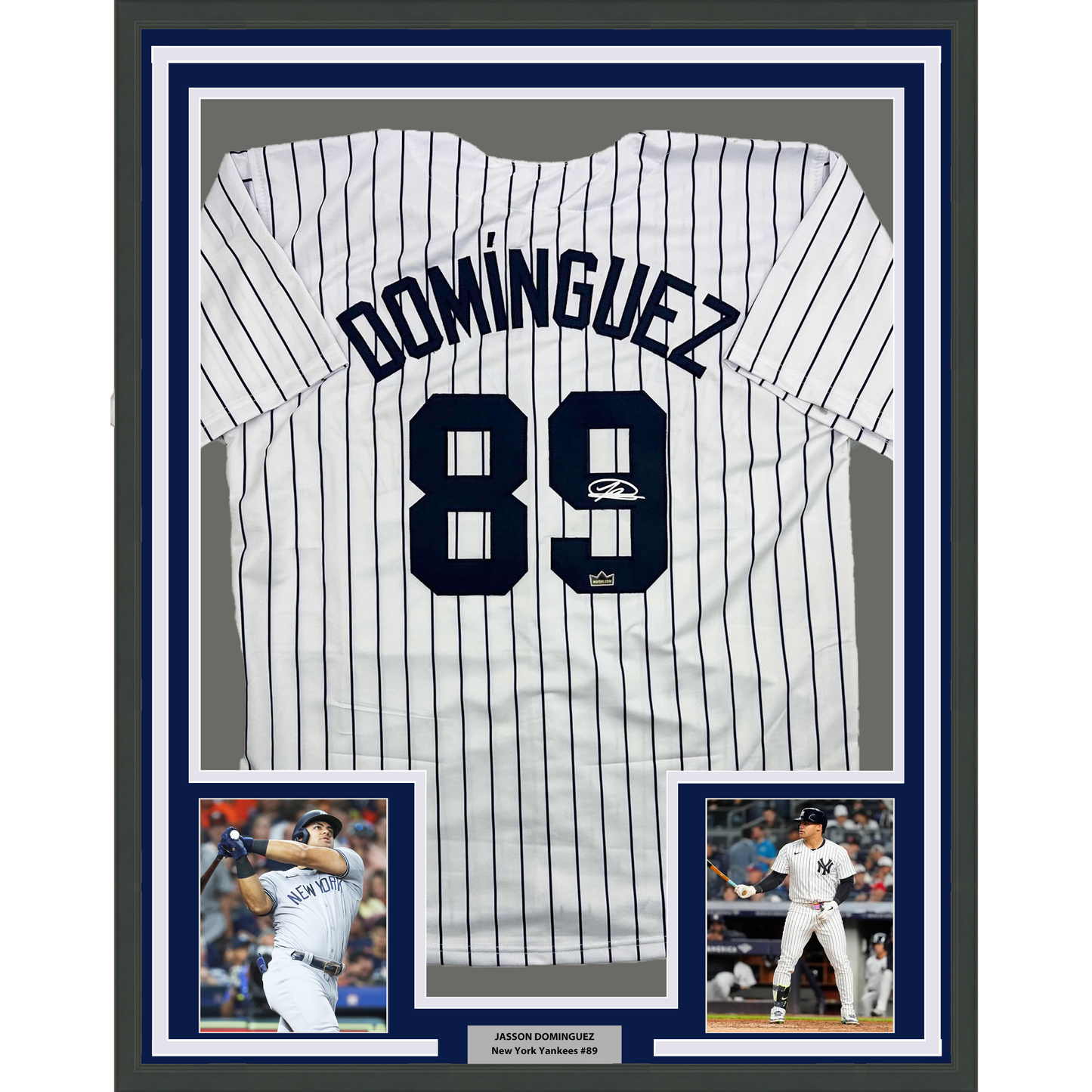Framed Facsimile Autographed Jasson Dominguez 35x39 New York Pinstripe Reprint Laser Auto Baseball Jersey