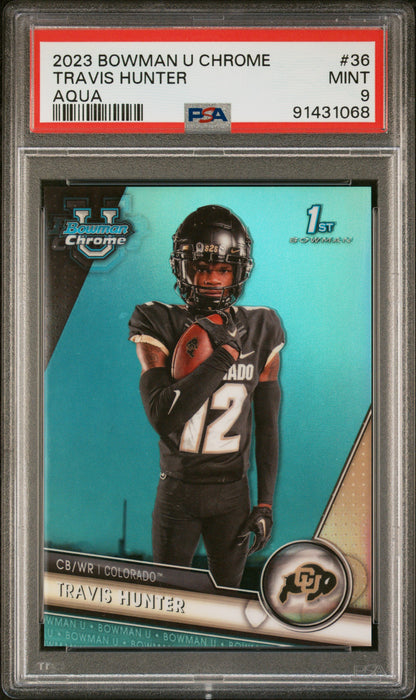 Graded 2023 Topps Bowman U Chrome Travis Hunter #36 Aqua #/299 Rookie RC Football Card PSA 9 Mint
