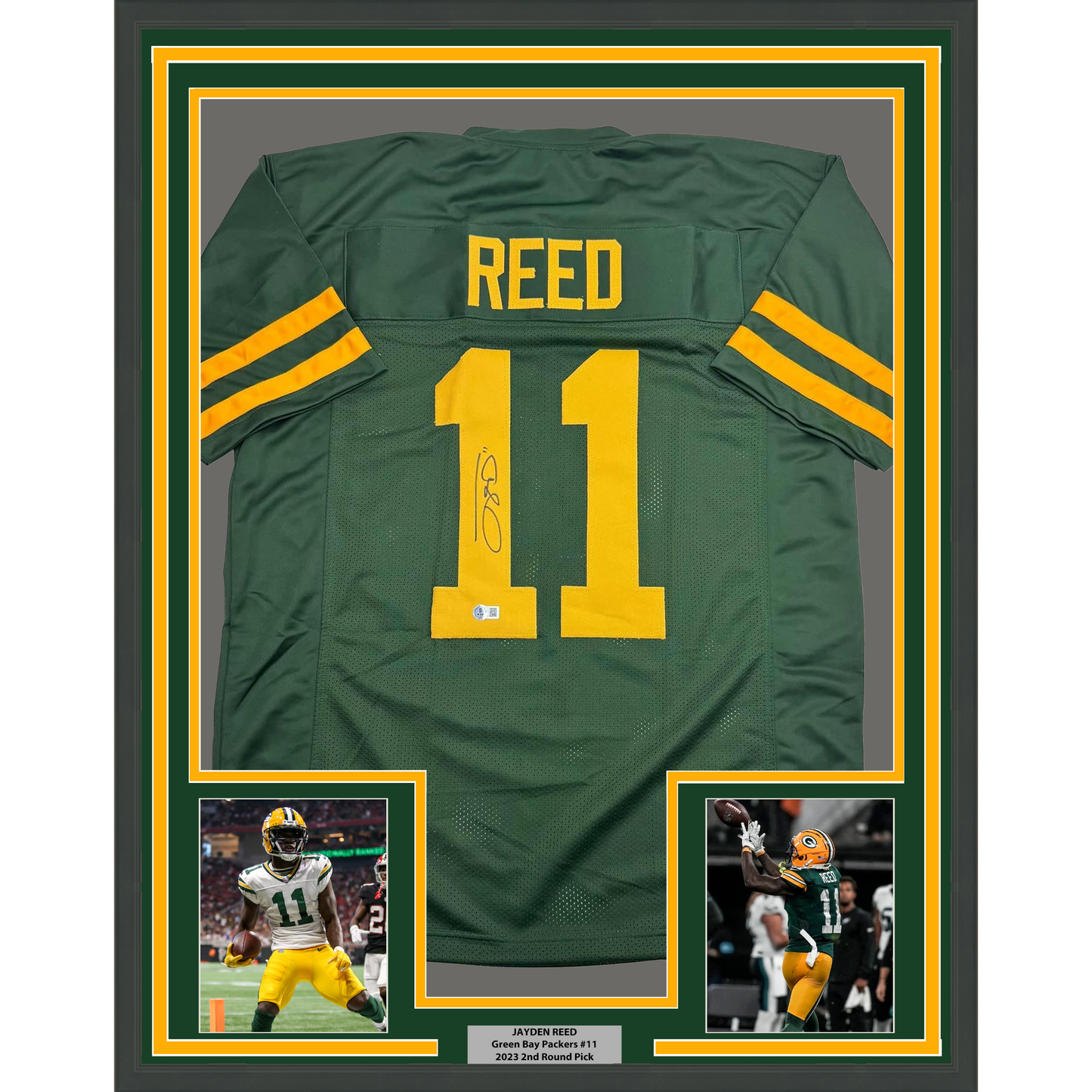 Framed Autographed/Signed Jayden Reed 35x39 Green Bay Color Rush Football Jersey Beckett BAS COA
