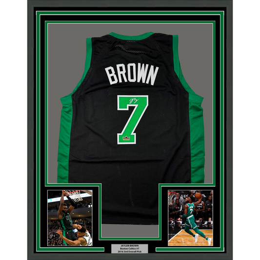 Framed Facsimile Autographed Jaylen Brown 35x39 Boston Black Reprint Laser Auto Basketball Jersey