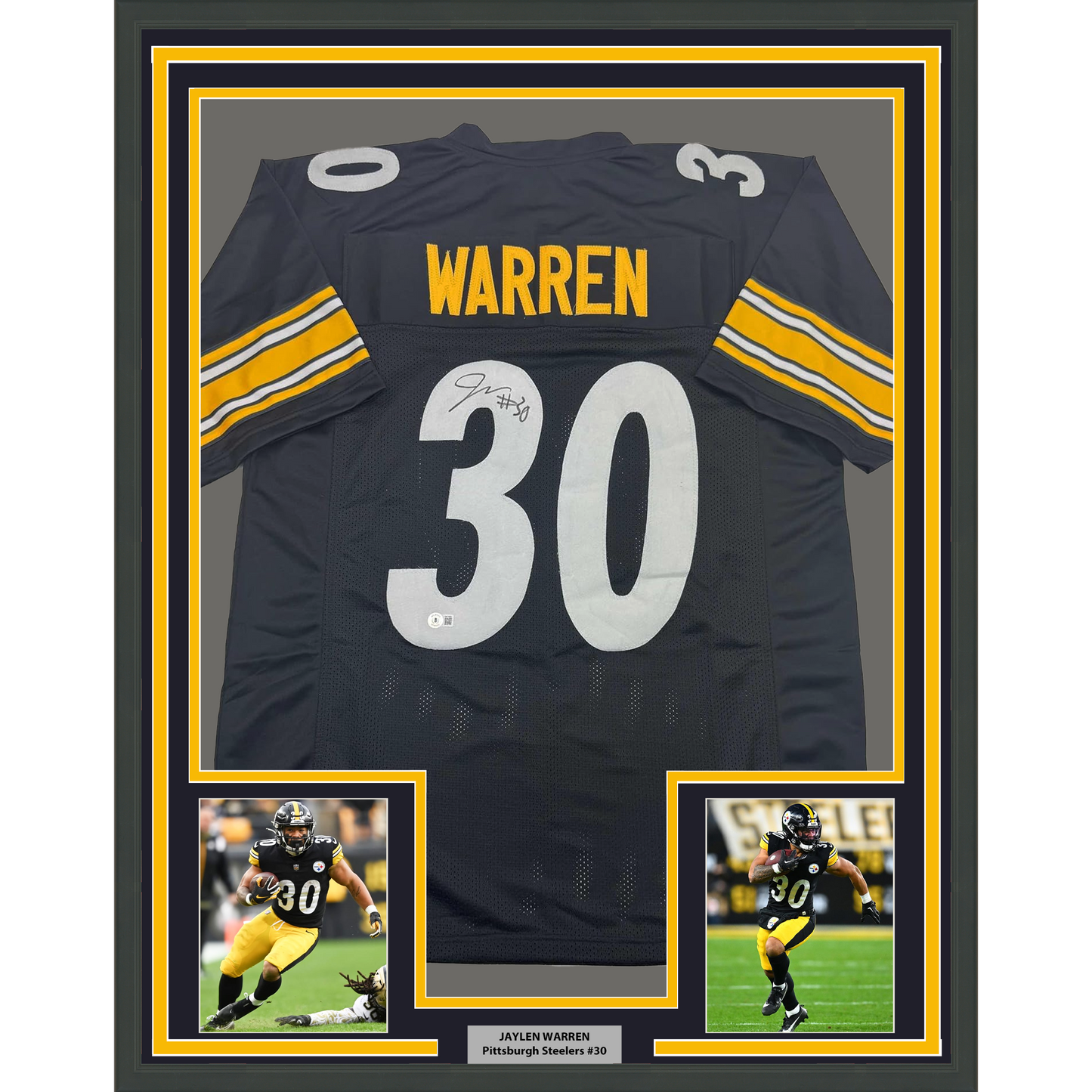 Framed Autographed/Signed Jaylen Warren 35x39 Pittsburgh Black Football Jersey Beckett BAS COA