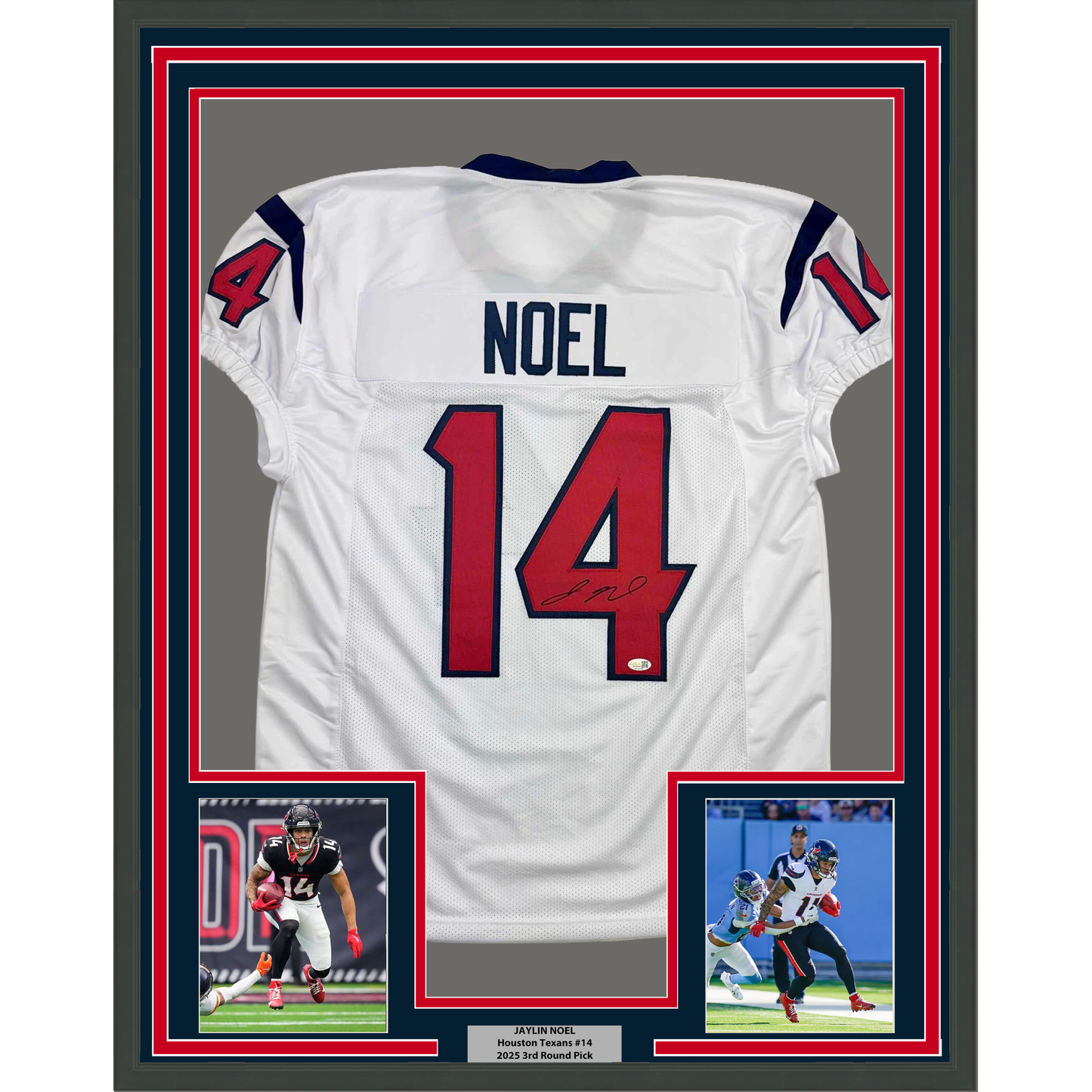 Framed Autographed/Signed Jaylin Noel 35x39 Houston White Football Jersey JSA COA