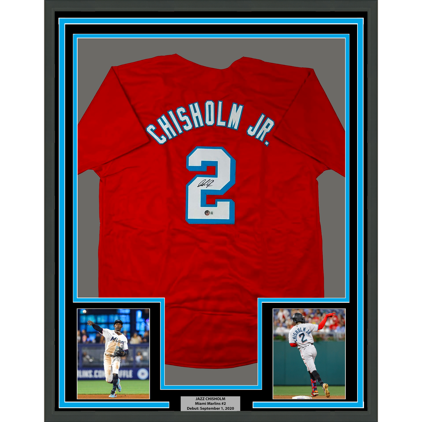 Framed Autographed/Signed Jazz Chisholm Jr. 35x39 Miami Red Baseball Jersey Beckett BAS COA