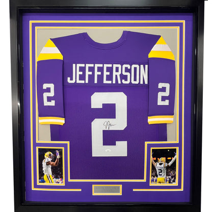 Framed Autographed/Signed Justin Jefferson 35x39 LSU Purple College Football Jersey JSA COA