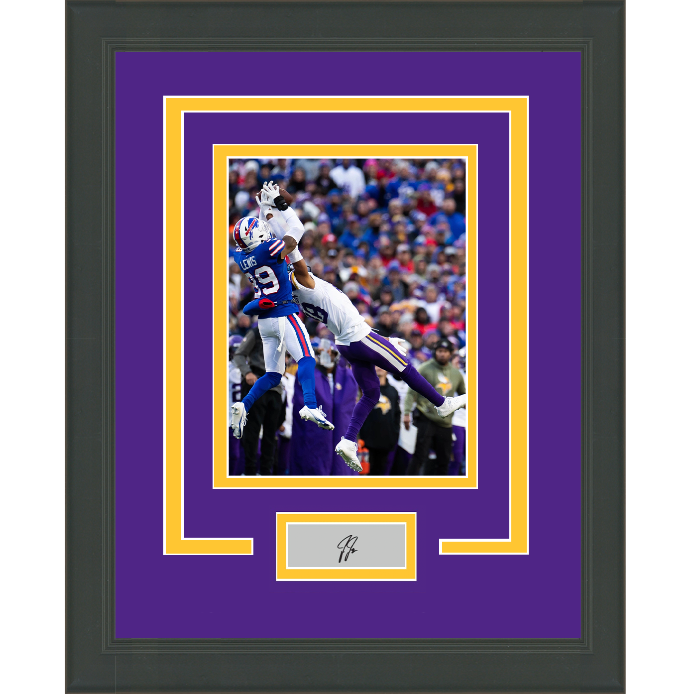 Framed Justin Jefferson Catch vs. Bills Facsimile Laser Engraved Signature Auto Minnesota Vikings 11x14 Football Photo