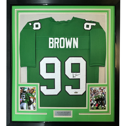 Framed Facsimile Autographed Jerome Brown 35x39 Philadelphia Kelly Green Reprint Laser Auto Football Jersey