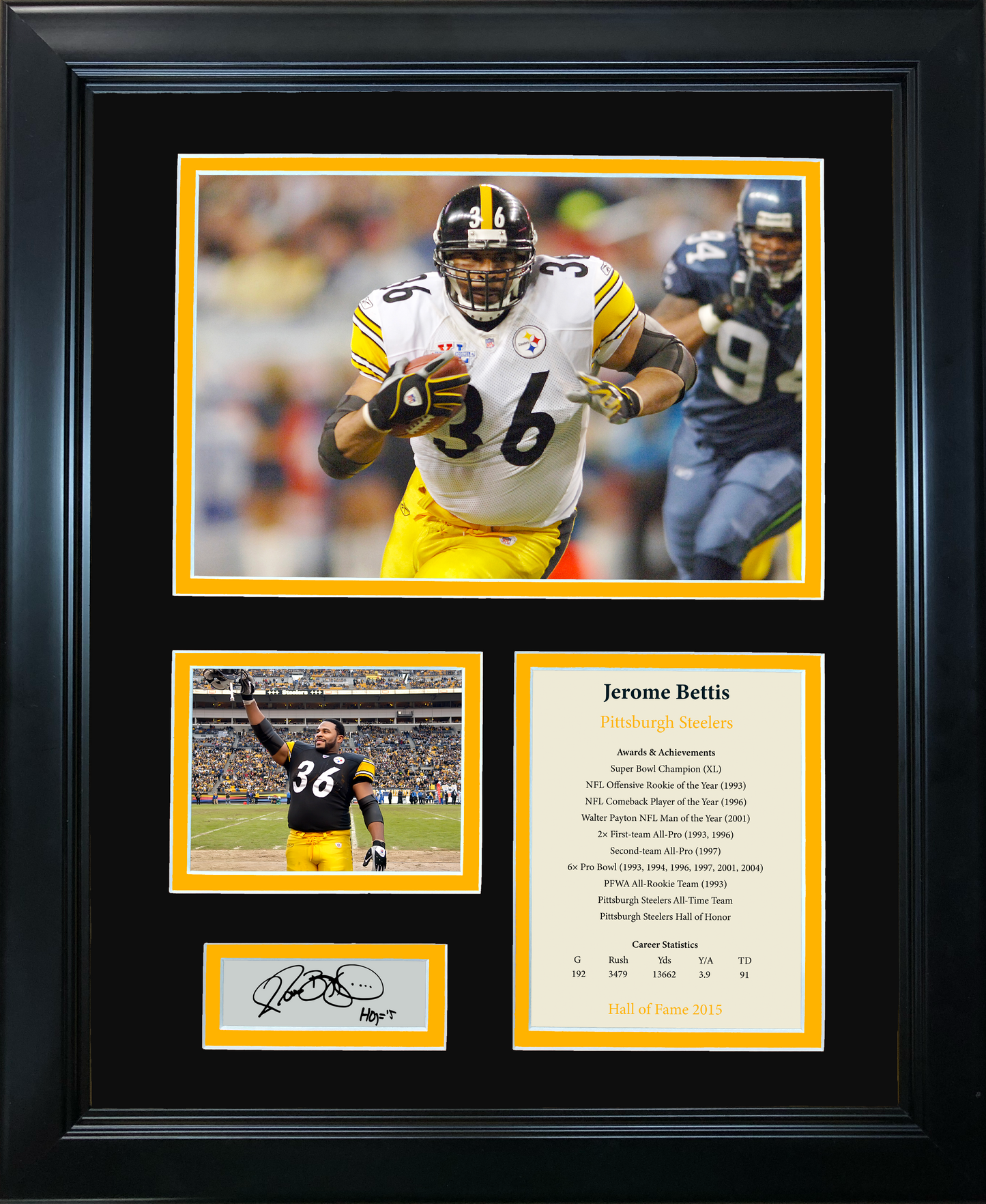 Framed Jerome Bettis Hall of Fame Facsimile Laser Engraved Signature Auto Pittsburgh Steelers 11"x14" Photo Sig Collage