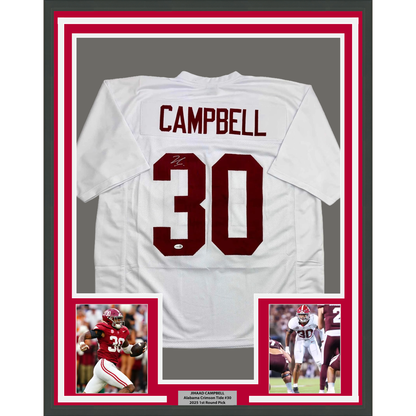 Framed Autographed/Signed Jihaad Campbell 35x39 Alabama White College Football Jersey JSA COA