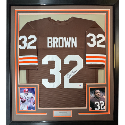 Framed Autographed/Signed Jim Brown 35x39 Cleveland Football Brown Jersey PSA COA