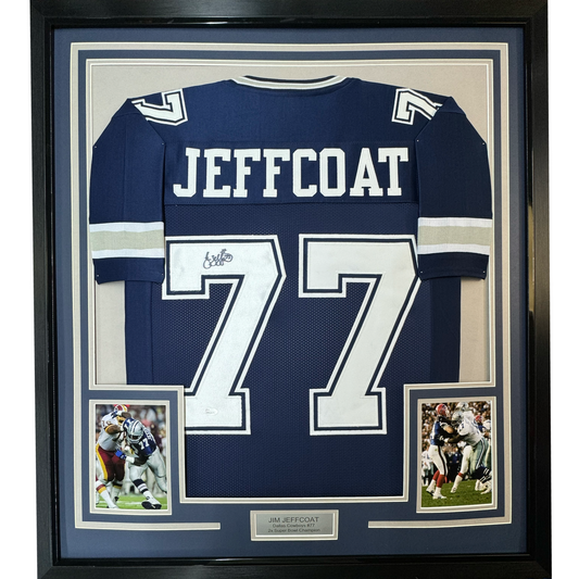 Framed Autographed/Signed Jim Jeffcoat 35x39 Dallas Cowboys Blue Football Jersey JSA COA