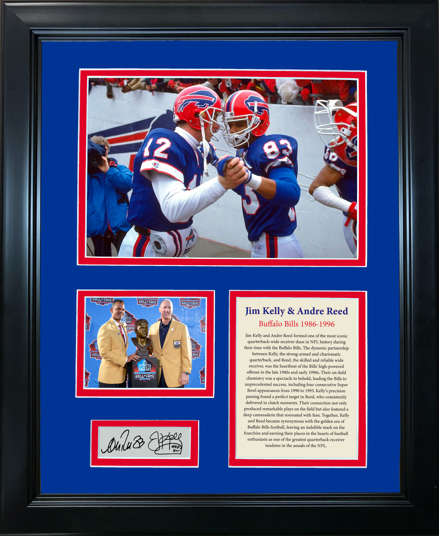 Framed Jim Kelly & Andre Reed Hall of Fame Dual Facsimile Laser Engraved Signature Auto Buffalo Bills 11"x14" Football Photo Sig Collage