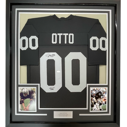 Framed Autographed/Signed Jim Otto HOF 80 35x39 Oakland Black Football Jersey JSA COA
