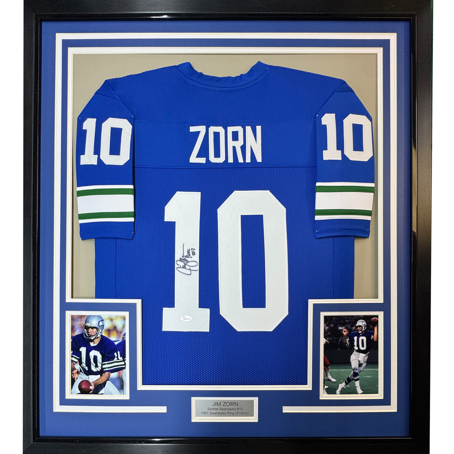 Framed Autographed/Signed Jim Zorn 35x39 Seattle Blue Football Jersey JSA COA