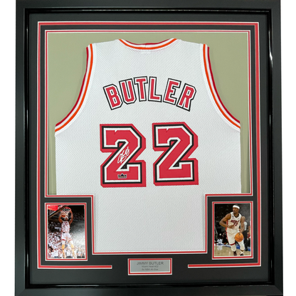 Framed Facsimile Autographed Jimmy Butler 35x39 Miami White Retro Reprint Laser Auto Basketball Jersey