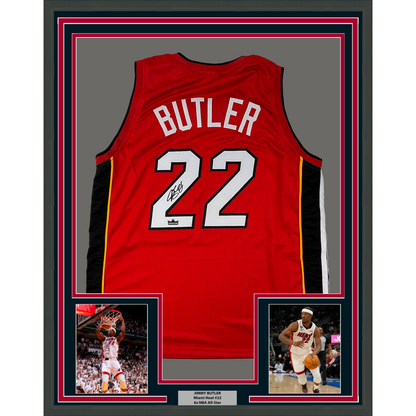 Framed Facsimile Autographed Jimmy Butler 35x39 Miami Red Reprint Laser Auto Basketball Jersey