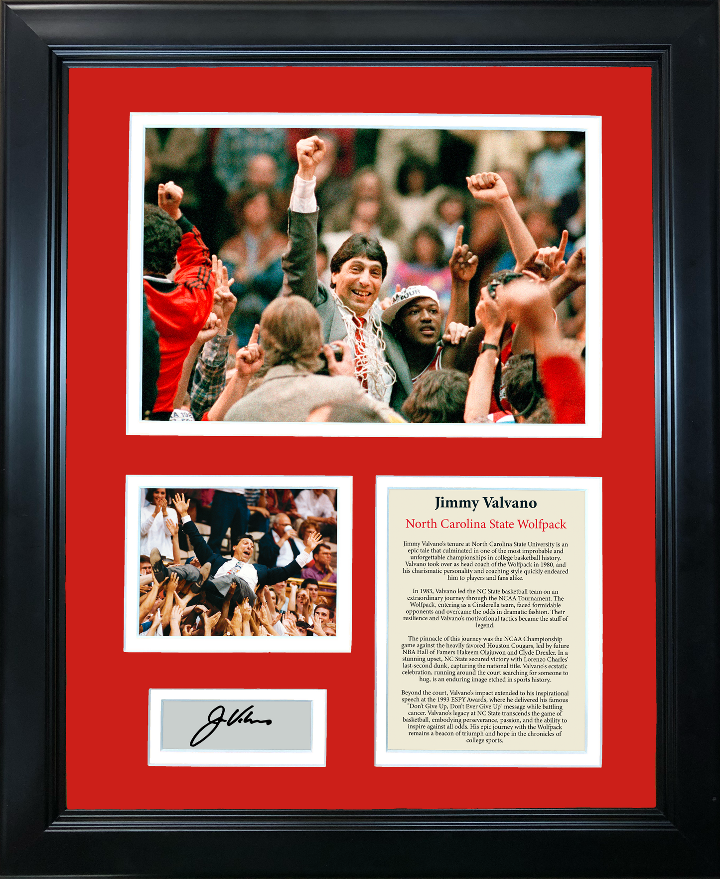 Framed Jimmy Valvano NC State Wolfpack 1983 National Champion Facsimile Laser Engraved Signature Auto NCAA Basketball 11"x14" Photo Sig Collage