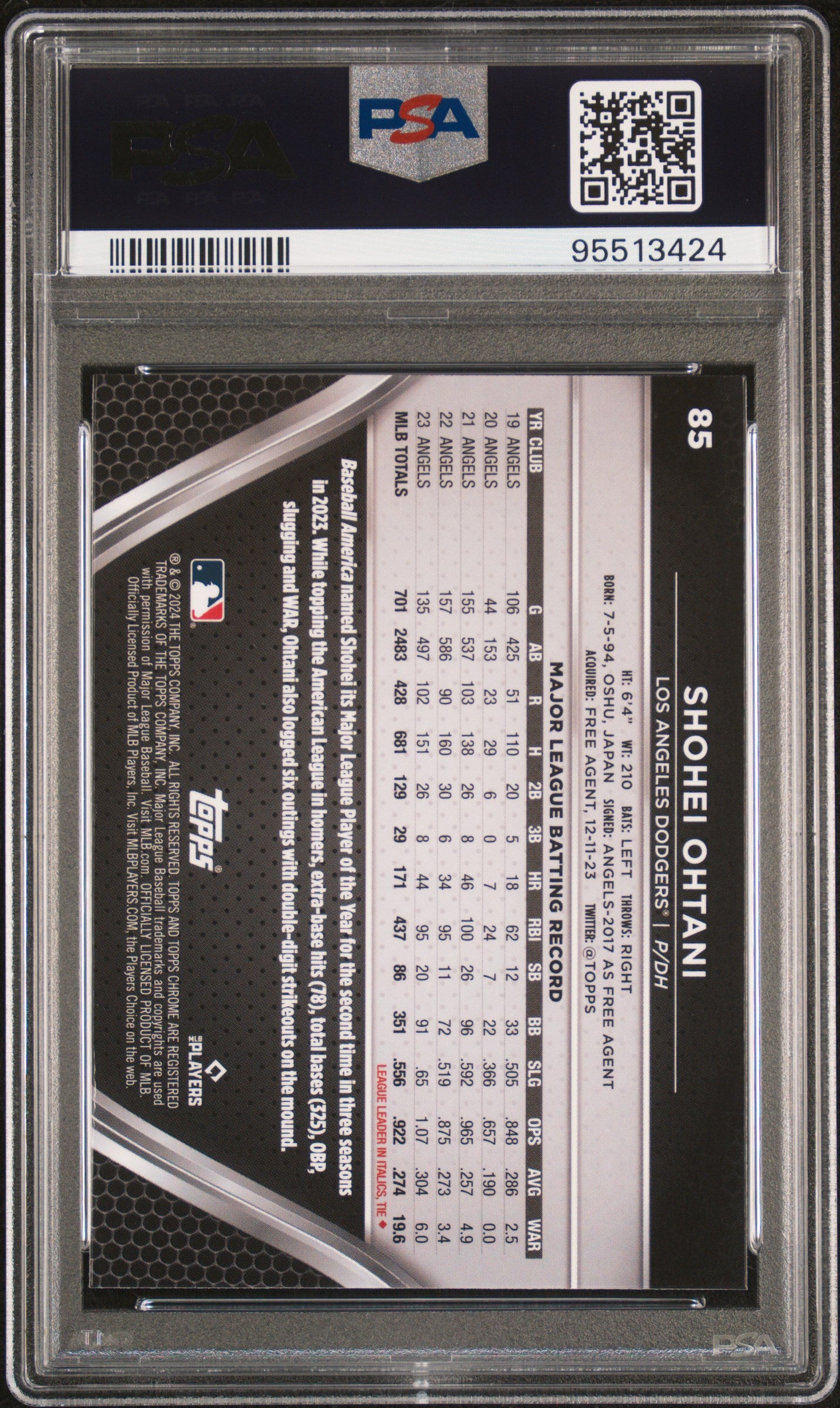 Graded 2024 Topps Chrome Black Shohei Ohtani #85 Baseball Card PSA 10 Gem Mint