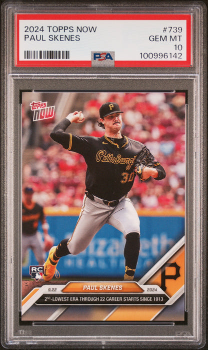 Graded 2024 Topps Now Paul Skenes #739 2nd Lowest ERA Through 22 Career Starts Since 1913 Rookie RC Baseball Card PSA 10 Gem Mint