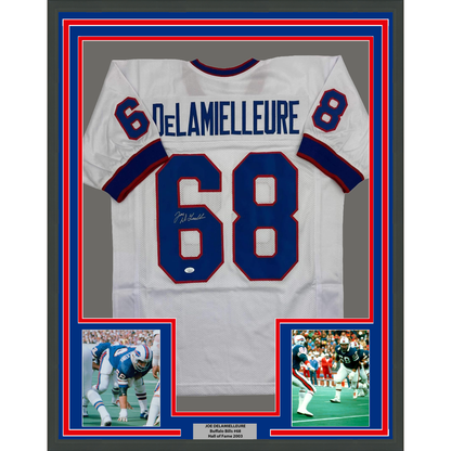 Framed Autographed/Signed Joe DeLamielleure 35x39 Buffalo White Football Jersey JSA COA