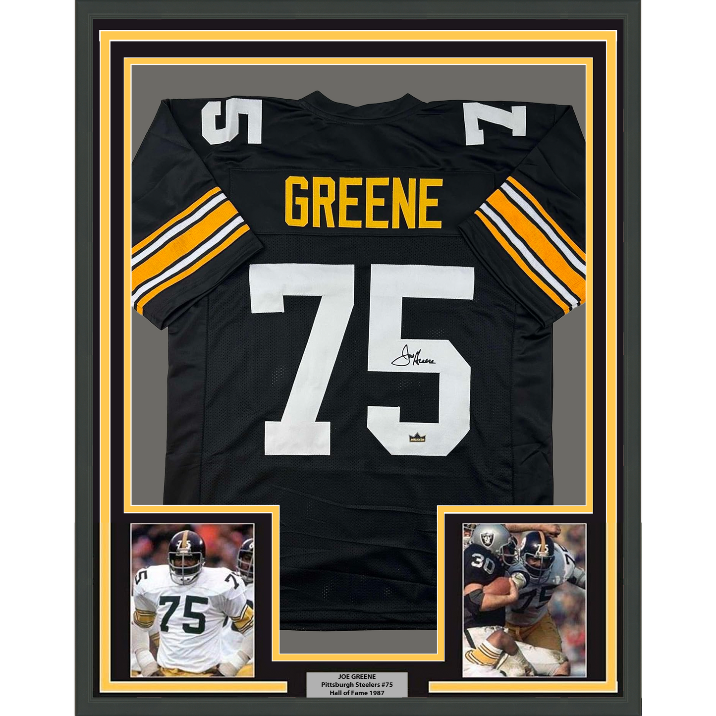 Framed Facsimile Autographed Mean Joe Greene 35x39 Pittsburgh Black Reprint Laser Auto Football Jersey