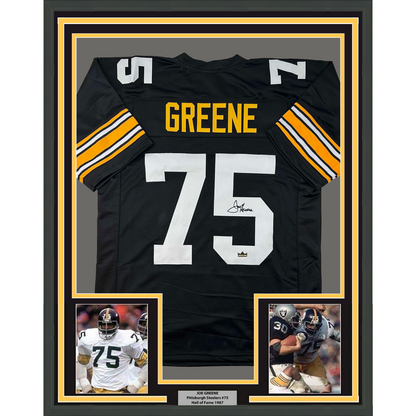 Framed Facsimile Autographed Mean Joe Greene 35x39 Pittsburgh Black Reprint Laser Auto Football Jersey