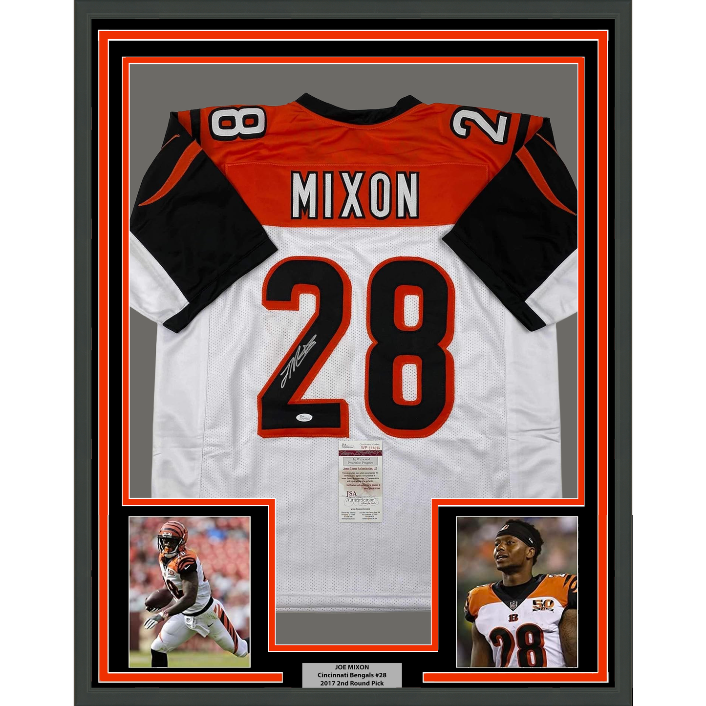 Framed Autographed/Signed Joe Mixon 35x39 Cincinnati White Football Jersey JSA COA