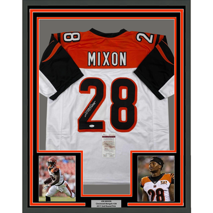 Framed Autographed/Signed Joe Mixon 35x39 Cincinnati White Football Jersey JSA COA