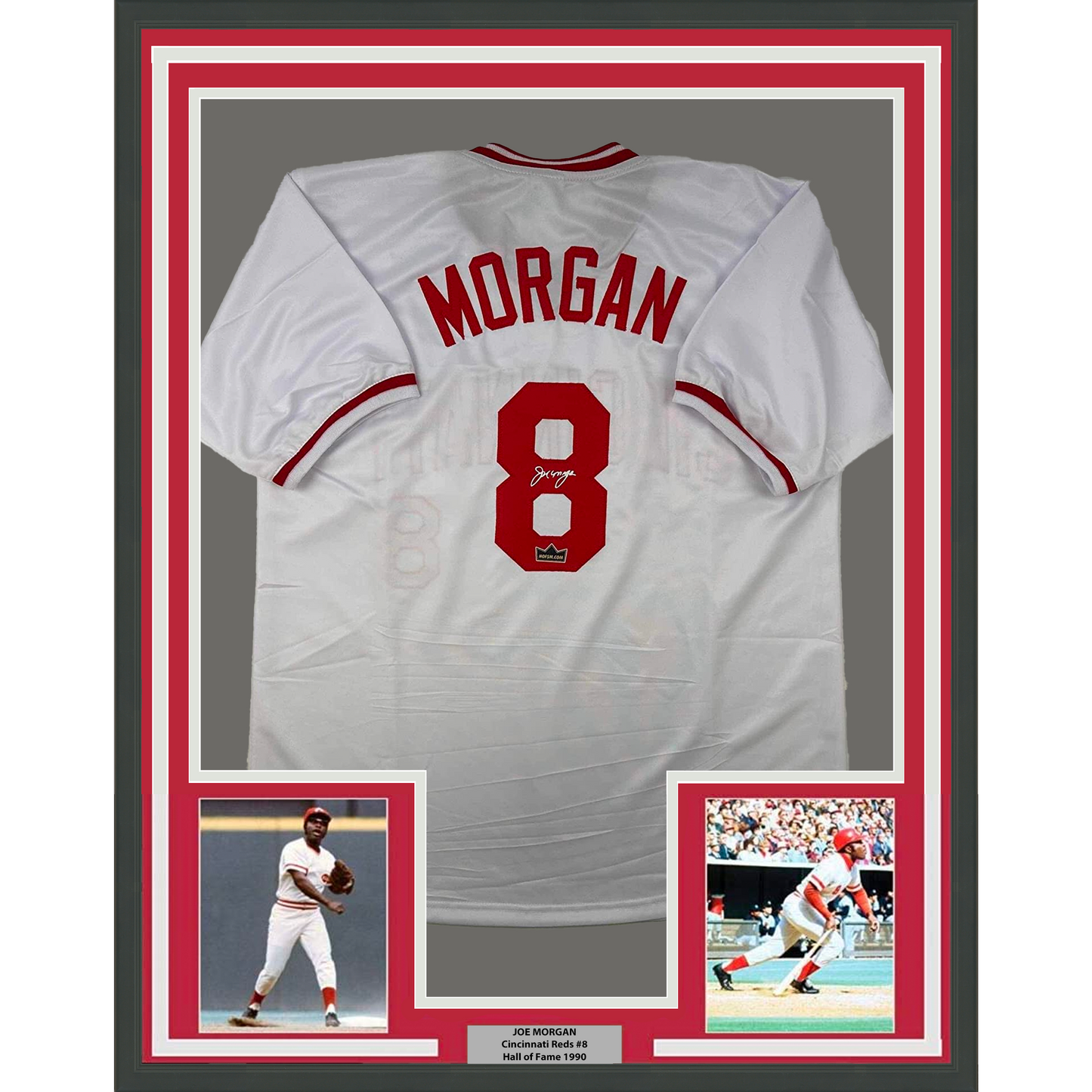 Framed Facsimile Autographed Joe Morgan 35x39 Cincinnati White Reprint Laser Auto Baseball Jersey