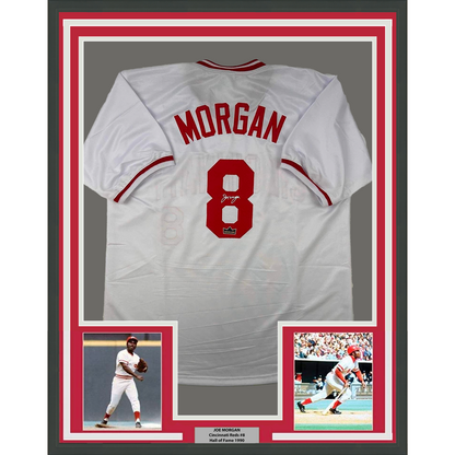 Framed Facsimile Autographed Joe Morgan 35x39 Cincinnati White Reprint Laser Auto Baseball Jersey
