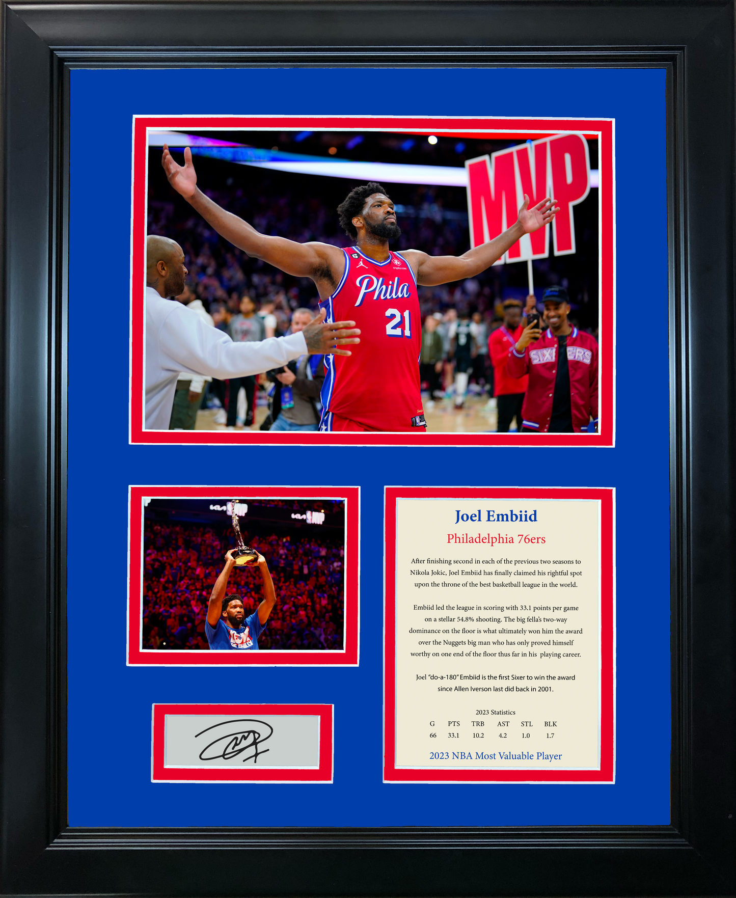 Framed Joel Embiid 2023 NBA MVP Most Valuable Player Facsimile Laser Engraved Signature Auto Philadelphia 76ers Basketball 11"x14" Photo Sig Collage