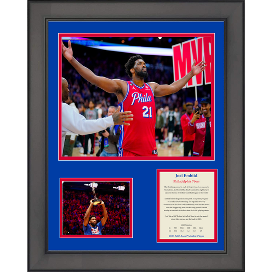 Framed Joel Embiid 2023 NBA MVP Most Valuable Player Philadelphia 76ers Basketball 11"x14" Three Photo Collage