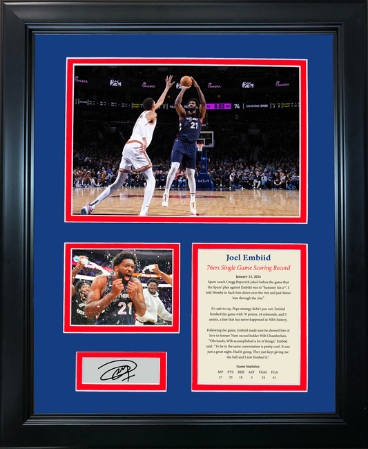 Framed Joel Embiid 70 Point Game Philadelphia 76ers Record Facsimile Laser Engraved Signature Auto Basketball 11"x14" Photo Sig Collage