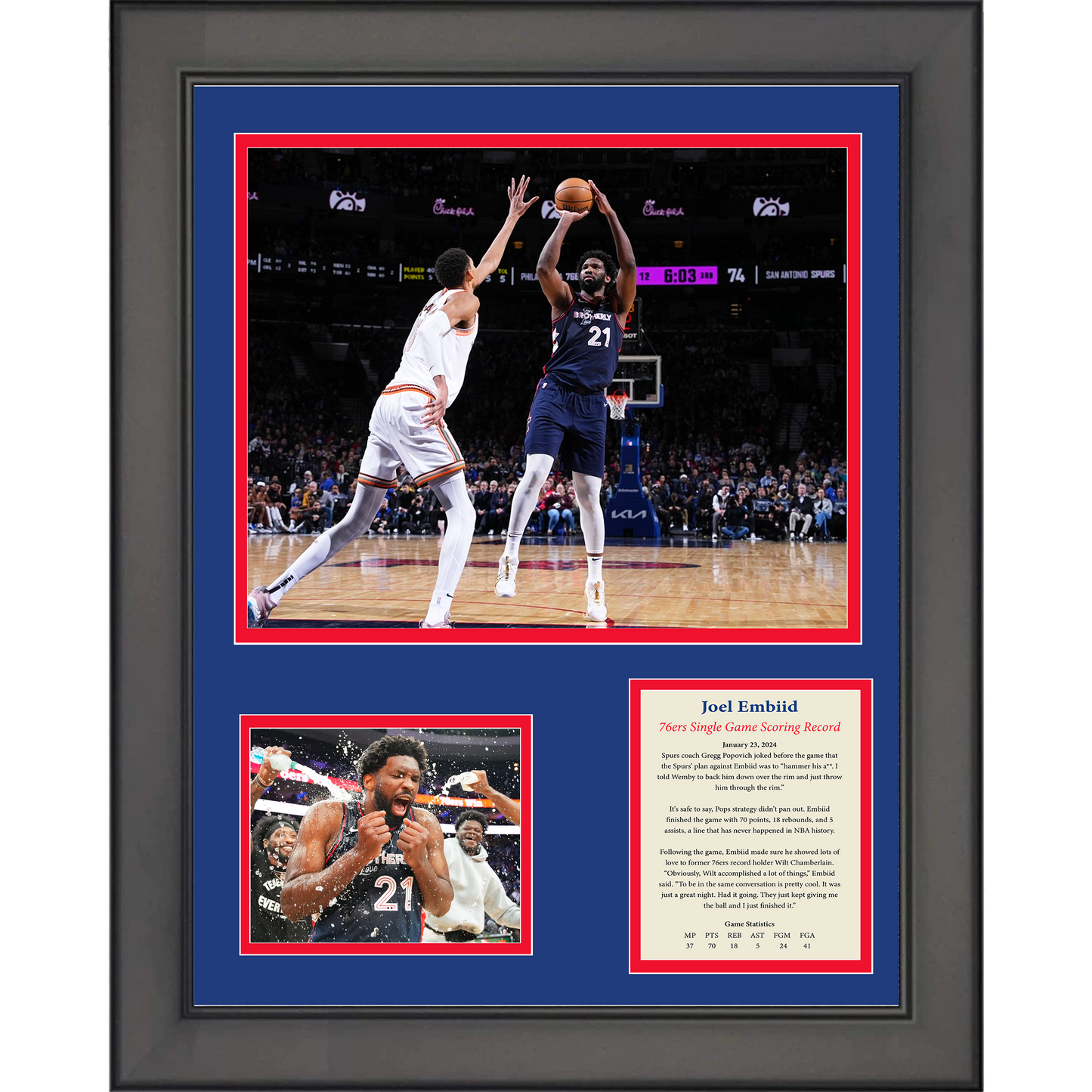 Framed Joel Embiid 70 Point Game Philadelphia 76ers Record Basketball 11"x14" Three Photo Collage