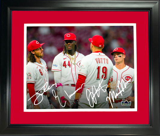 Framed Joey Votto, Jonathan India, Elly De La Cruz & Matt McLain Cincinnati Reds Facsimile Laser Engraved Signature Auto 11"x14" Baseball Photo HOFSM Holo