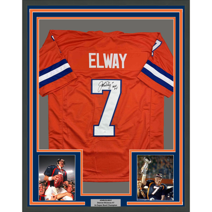 Framed Autographed/Signed John Elway 35x39 Denver Orange Retro Football Jersey JSA COA