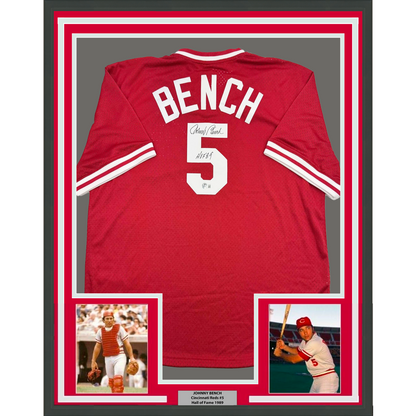 Framed Autographed/Signed Johnny Bench 35x39 HOF 89 Cincinnati Red Baseball Jersey Beckett BAS COA