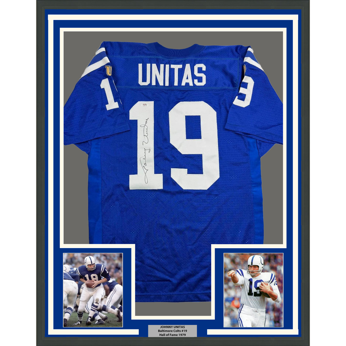 Framed Autographed/Signed Johnny Unitas 35x39 Indianapolis Blue Football Jersey PSA COA