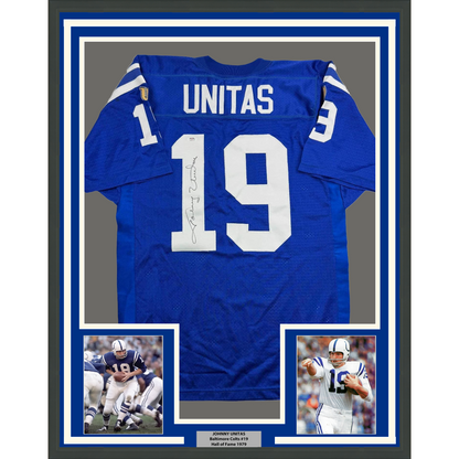 Framed Autographed/Signed Johnny Unitas 35x39 Indianapolis Blue Football Jersey PSA COA