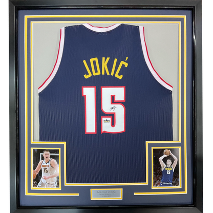 Framed Facsimile Autographed Nikola Jokic 35x39 Denver Blue Reprint Laser Auto Basketball Jersey