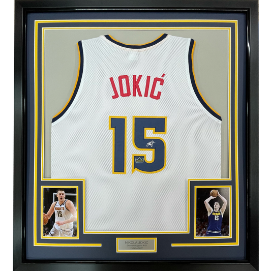 Framed Facsimile Autographed Nikola Jokic 35x39 Denver White Reprint Laser Auto Basketball Jersey